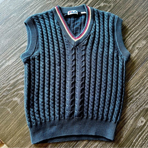 FILA Unisex Elevated Vintage Cable Knit V-Neck Sweater Vest Navy Blue, Small - Picture 2 of 9
